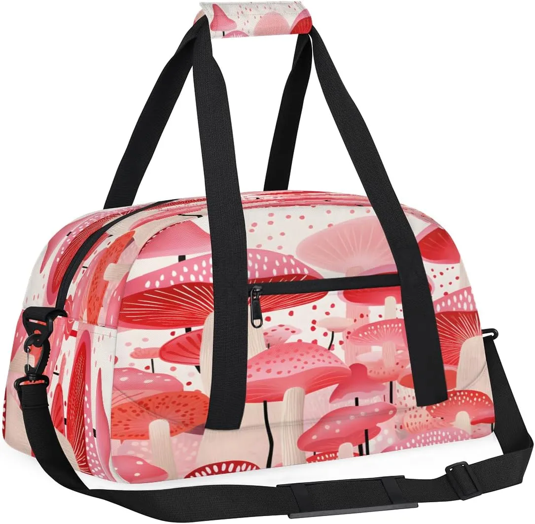 Beautiful Mushroom Kids Overnighter Duffel Bags for Boys, Carry-On Size Sports Gym Bag with Front Zipper Pocket for School Practice or Overnight Travel Weekender Sleepover Tote Bag