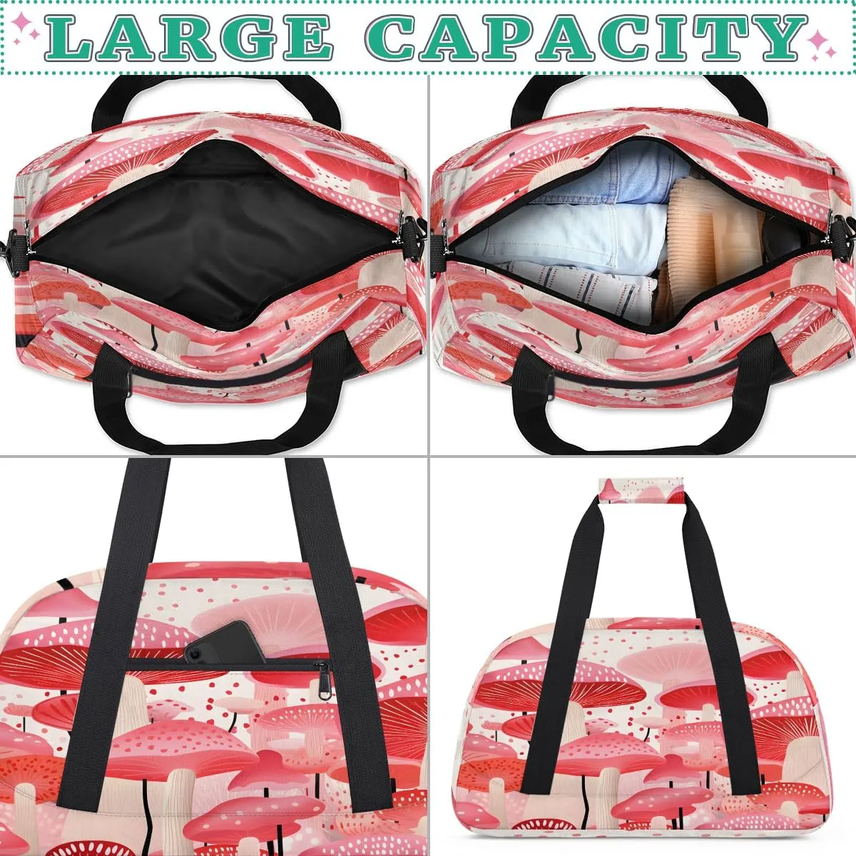 Beautiful Mushroom Kids Overnighter Duffel Bags for Boys, Carry-On Size Sports Gym Bag with Front Zipper Pocket for School Practice or Overnight Travel Weekender Sleepover Tote Bag