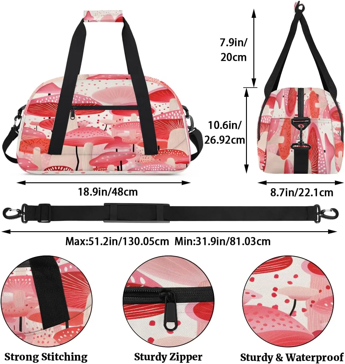 Beautiful Mushroom Kids Overnighter Duffel Bags for Boys, Carry-On Size Sports Gym Bag with Front Zipper Pocket for School Practice or Overnight Travel Weekender Sleepover Tote Bag