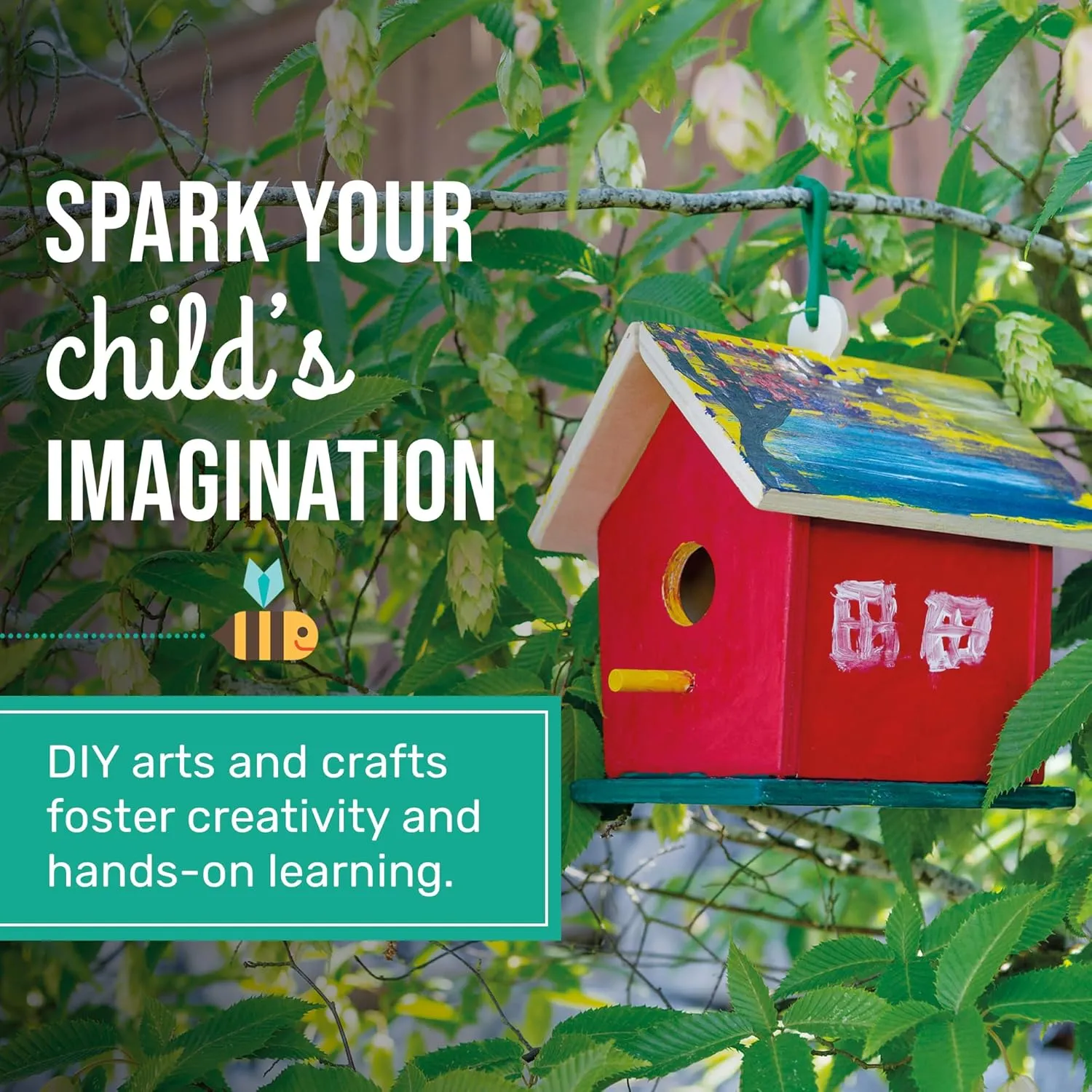 Beetle & Bee Build A Bird Bungalow - DIY Kid Art Craft Outdoor Birdhouse Kit, House Painting Kit for Kids, Hardware Glue Included- 4 Paints, 1 Brush, 7 Wooden Pcs, Chain For Tree Hanging Age 5 