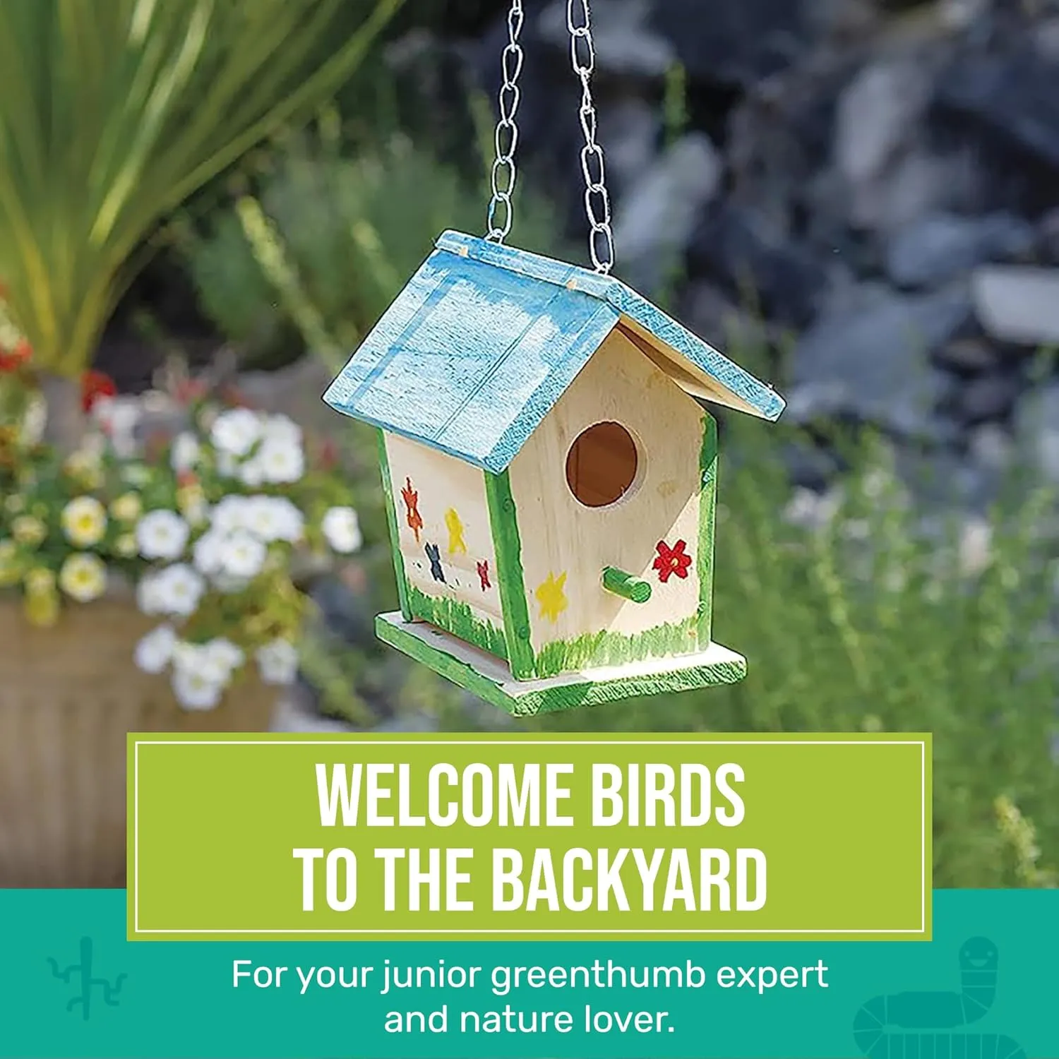 Beetle & Bee Build A Bird Bungalow - DIY Kid Art Craft Outdoor Birdhouse Kit, House Painting Kit for Kids, Hardware Glue Included- 4 Paints, 1 Brush, 7 Wooden Pcs, Chain For Tree Hanging Age 5 