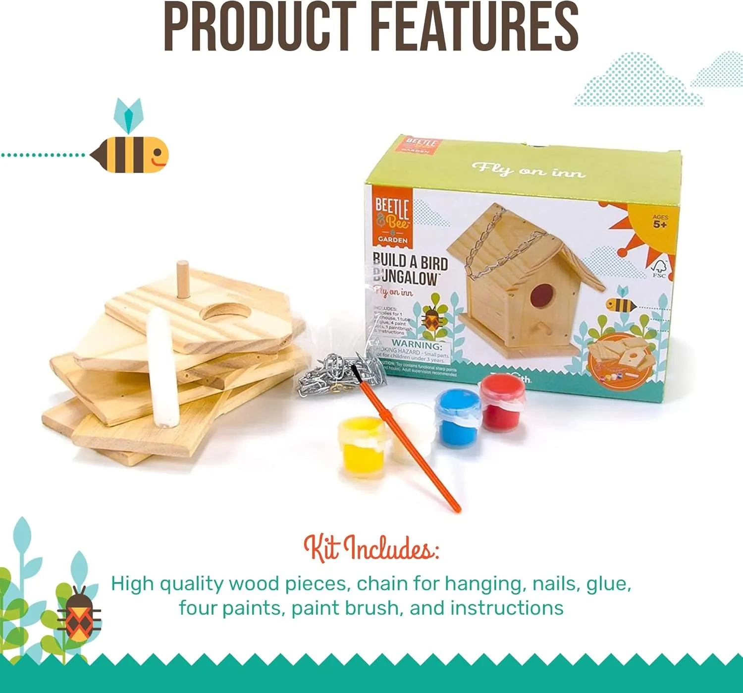 Beetle & Bee Build A Bird Bungalow - DIY Kid Art Craft Outdoor Birdhouse Kit, House Painting Kit for Kids, Hardware Glue Included- 4 Paints, 1 Brush, 7 Wooden Pcs, Chain For Tree Hanging Age 5 