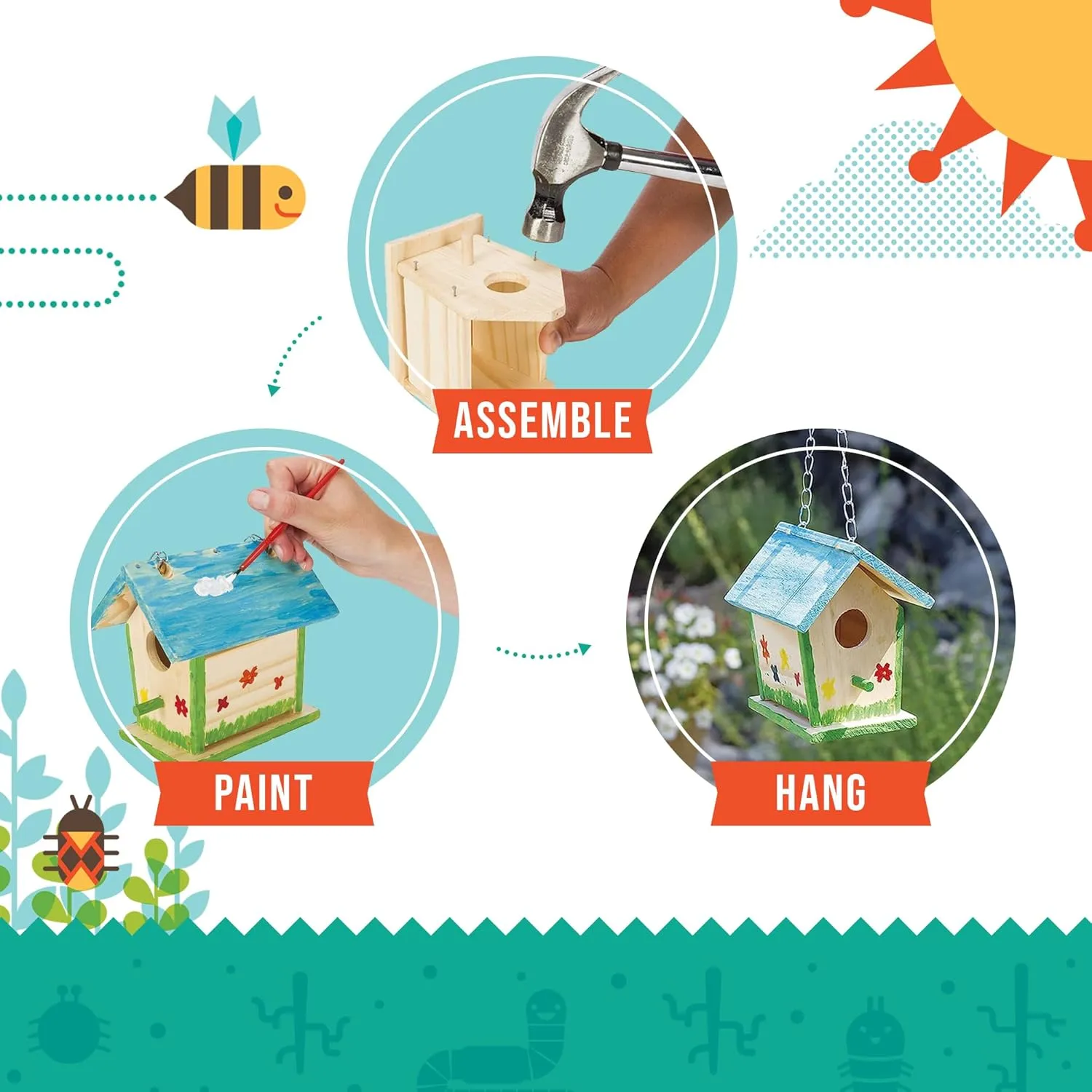 Beetle & Bee Build A Bird Bungalow - DIY Kid Art Craft Outdoor Birdhouse Kit, House Painting Kit for Kids, Hardware Glue Included- 4 Paints, 1 Brush, 7 Wooden Pcs, Chain For Tree Hanging Age 5 