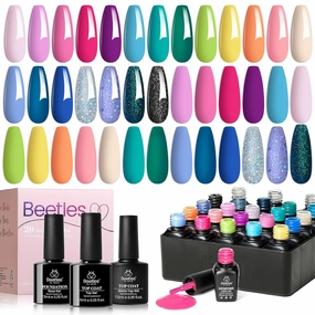 Beetles Gel Nail Polish Set- 23Pcs Summer Color Gel Polish with Base Gel Top Coat Bright Colors, Gel Polish Kit Blue Pink Purple Orange Green Glitter Soak Off Uv Led Trendy Rainbow Nail Art