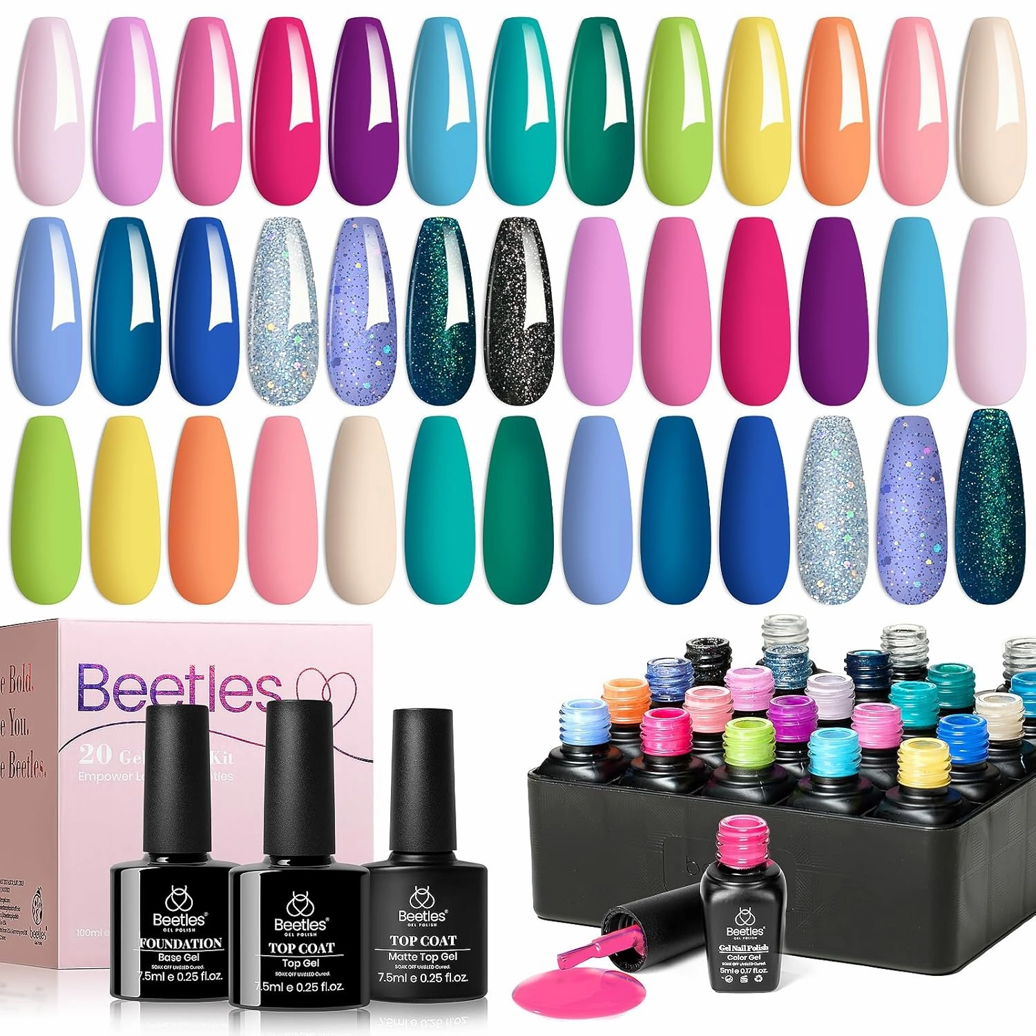 Beetles Gel Nail Polish Set- 23Pcs Summer Color Gel Polish with Base Gel Top Coat Bright Colors, Gel Polish Kit Blue Pink Purple Orange Green Glitter Soak Off Uv Led Trendy Rainbow Nail Art