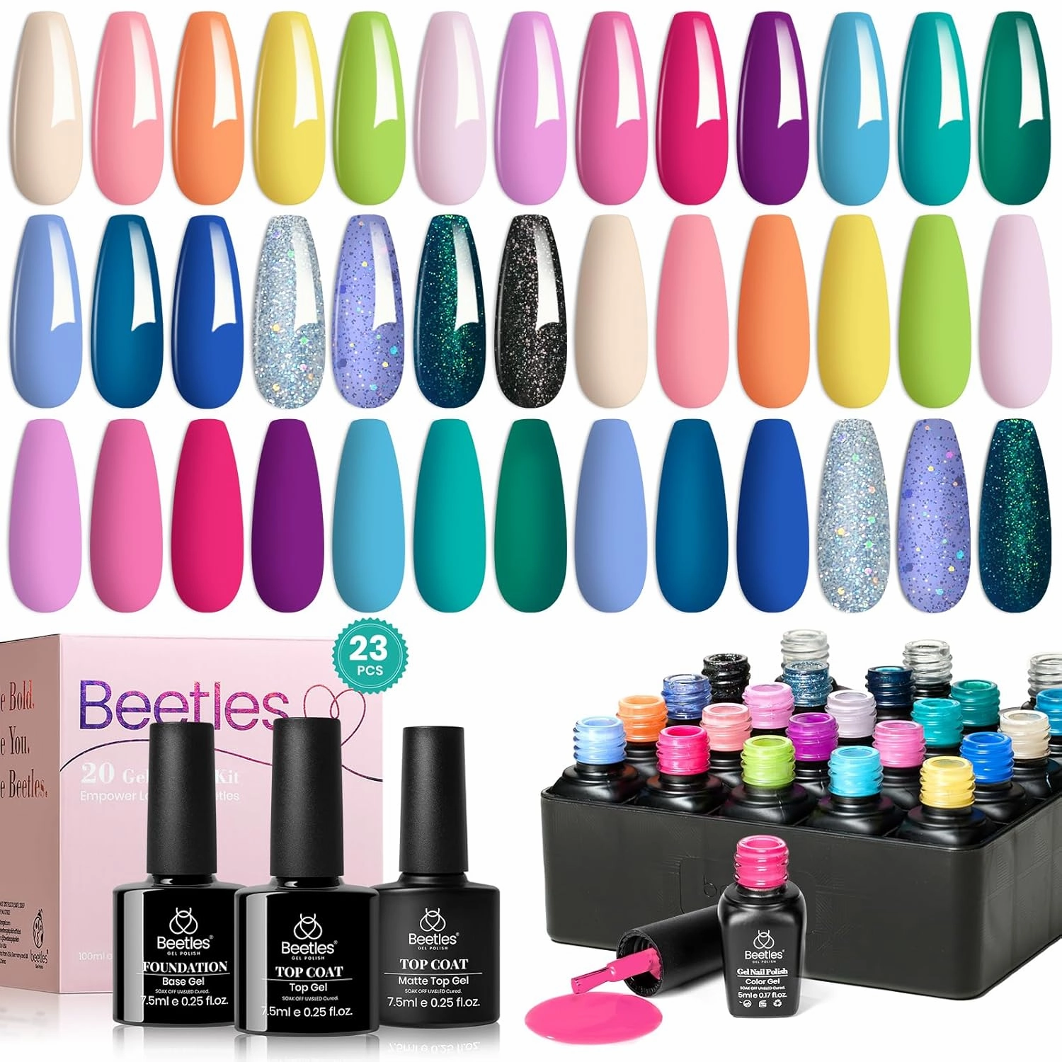 Beetles Gel Nail Polish Set- 23Pcs Summer Color Gel Polish with Base Gel Top Coat Bright Colors, Gel Polish Kit Blue Pink Purple Orange Green Glitter Soak Off Uv Led Trendy Rainbow Nail Art