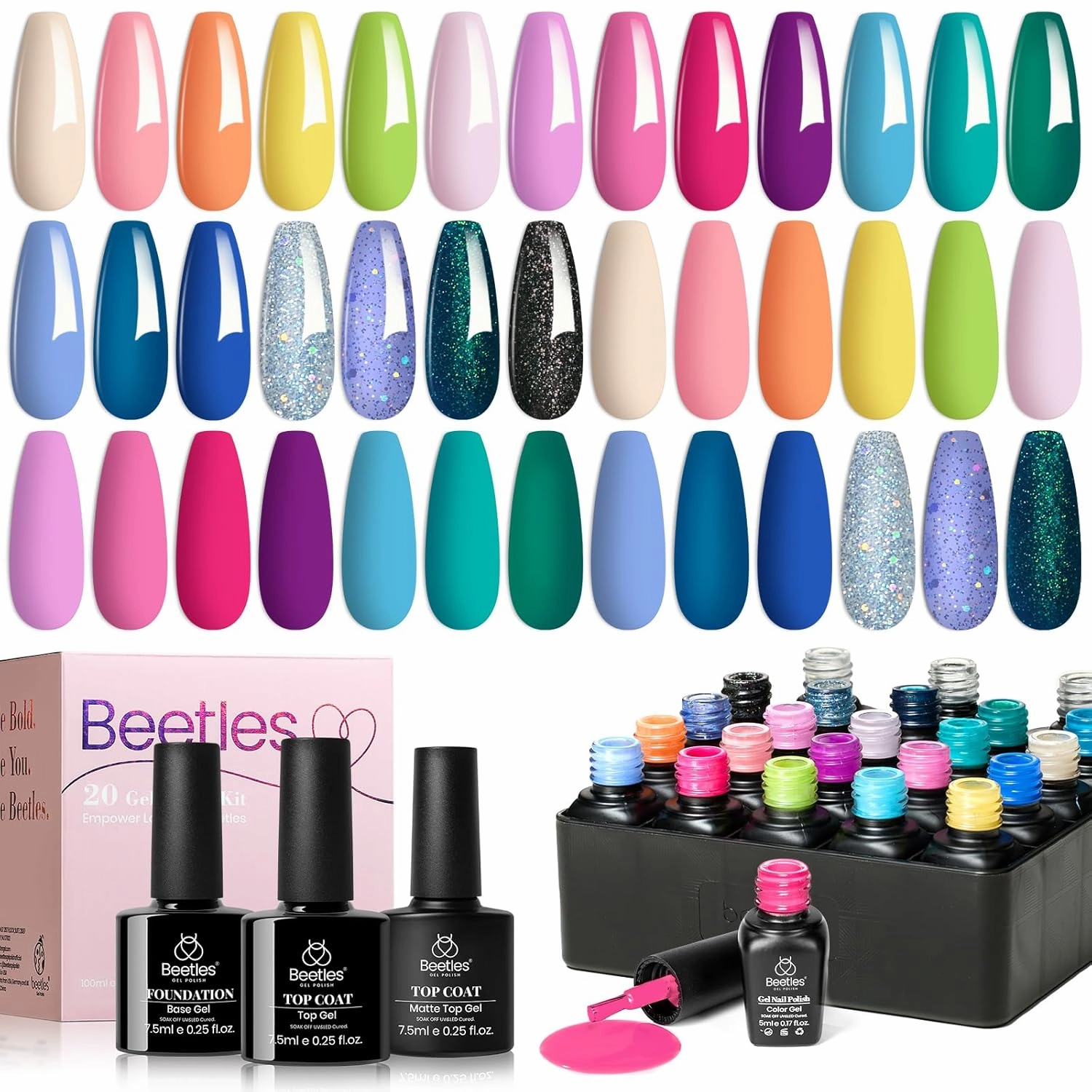 Beetles Gel Nail Polish Set- 23Pcs Summer Color Gel Polish with Base Gel Top Coat Bright Colors, Gel Polish Kit Blue Pink Purple Orange Green Glitter Soak Off Uv Led Trendy Rainbow Nail Art