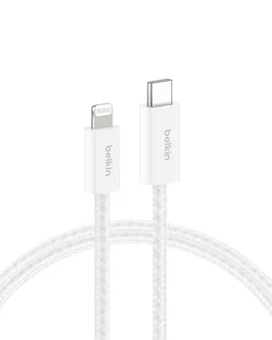 Belkin Braided USB-C Cable w/Lightning Connector (6.6ft) - Soft, Flexible Fast-Charging Cable, Lightning Charger Cord for iPhone 14 & Earlier Series, iPad 9th Gen, & AirPods - White (USB 2.0)