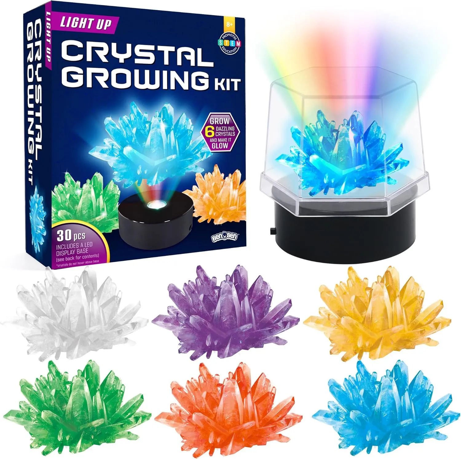 BenBen Crystal Growing Kit, Grow 6 Crystals with Light Up Display Stand, Science Kit for Kids Ages 8-14, Educational STEM Toy, Gift for Boys Girls Teens