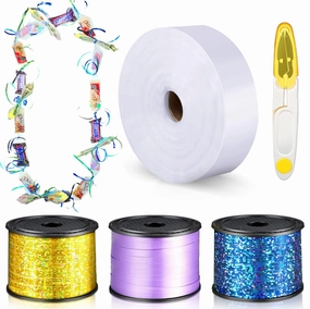 Berlune Candy Lei Making Kit for Graduation Party Favor Include 2 in x 1000 ft Poly Tubing 3 Rolls Curling Gift Ribbon 300 Yd/ 900 ft and Scissor for Hawaii Tropical Wedding DIY(Purple, Blue, Yellow)