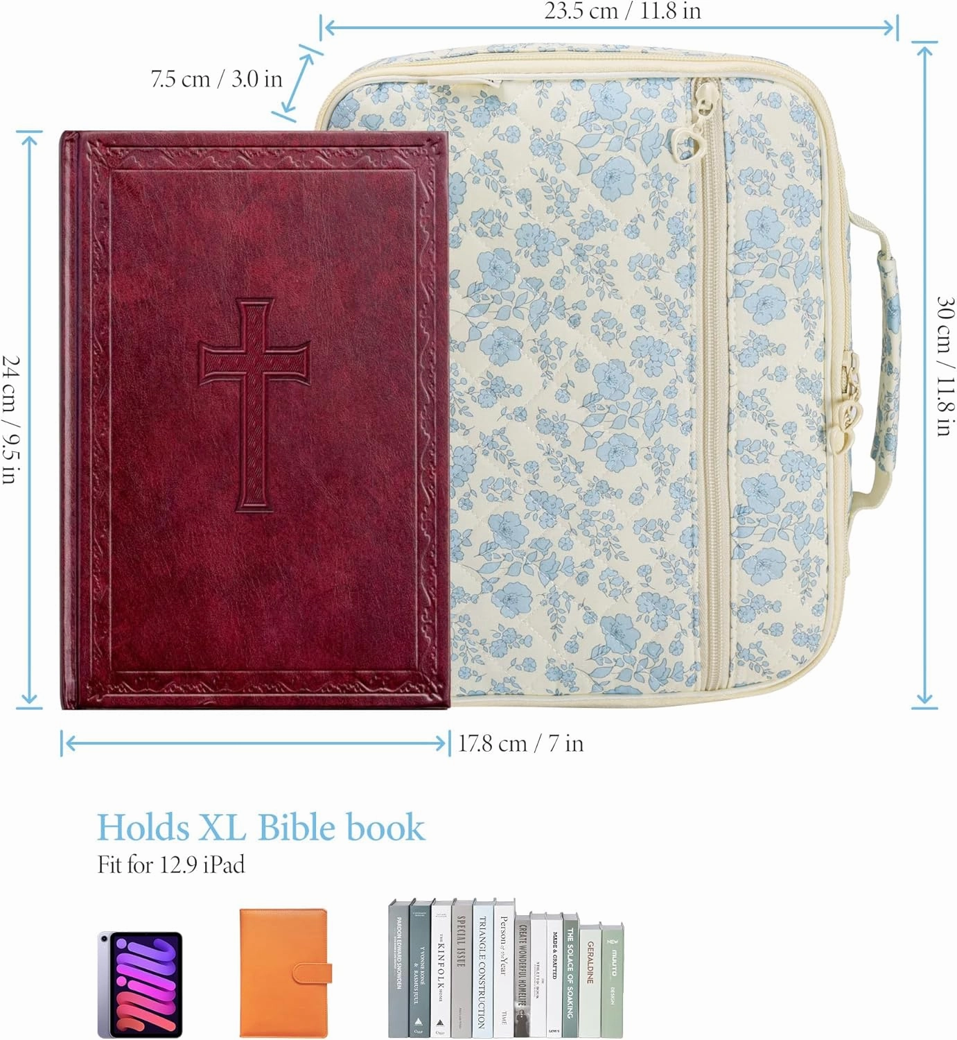 Bible Cover Case for Women,Large Quilted Bible Bag with Bible Study Supplies,Stylish Church Bag Bible Journaling Kit,Mothers Day Christian Gifts for Women (blue small floral, M)