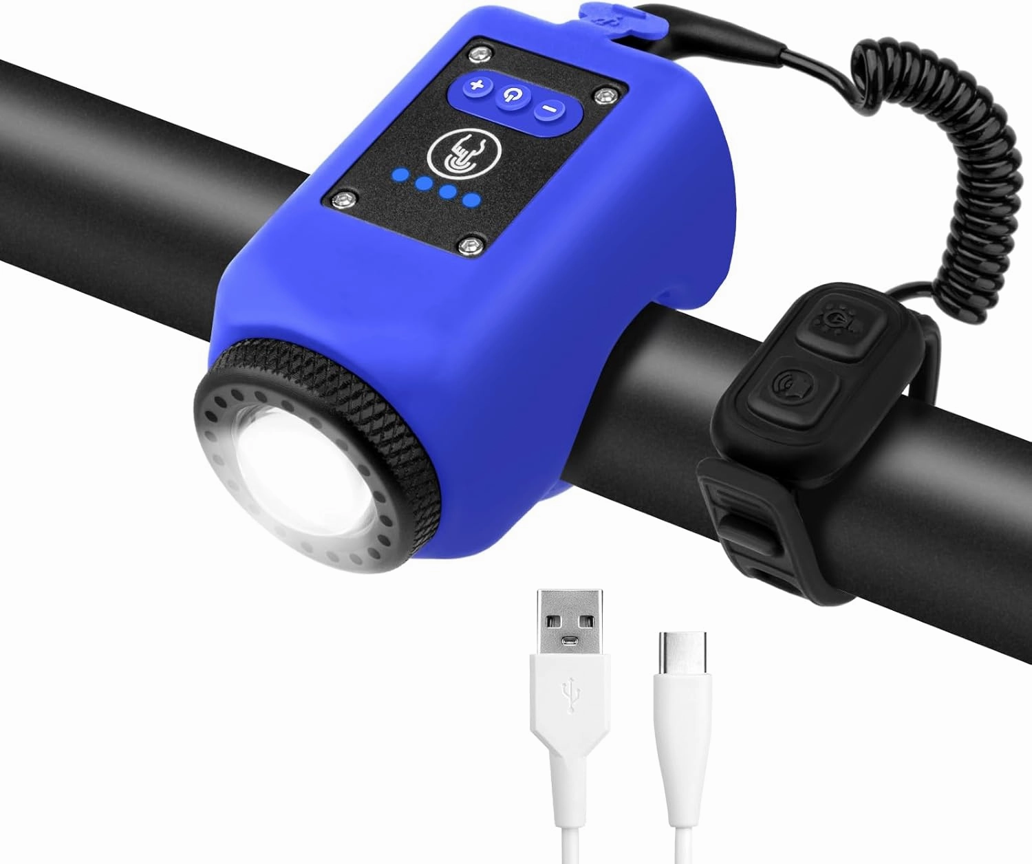 Bike Horn with Light, 110 dB Bicycle Electric Horn Front Headlight, 6 Sounds and 4 Light Modes, Adjustable Brightness Volume, USB Rechargeable, Battery Powered