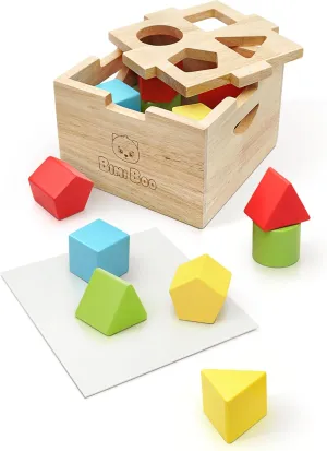Bimi Boo Wooden Shape Sorter Toy for Babies - Simple Sorting Box with Noise-Reducing Silicone Pad - Classic Montessori Toy for Toddlers (8 Various Blocks, 1 Box, 1 Silicone Pad)