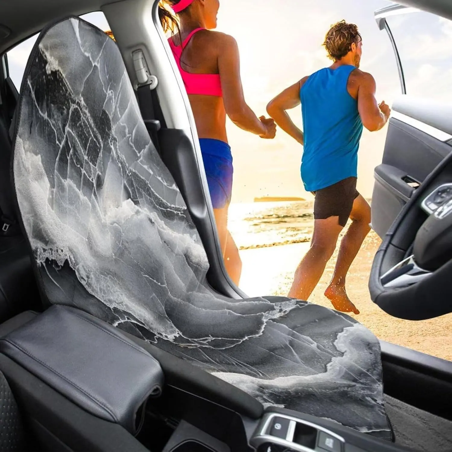 Black Marble Sweat Towel Car Seat Cover for Gym Running Athletes Waterproof Car Seat Cover Protector Front Seats Only Stain Resistant Bench Seat Covers Universal Fit Most Vehicles