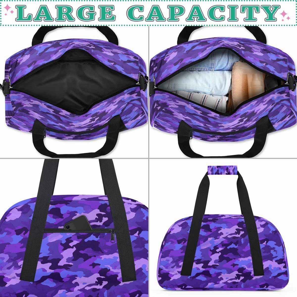 Blue Camo Kids Overnighter Duffel Bags for Boys, Carry-On Size Sports Gym Bag with Front Zipper Pocket for School Practice or Overnight Travel Weekender Sleepover Tote Bag