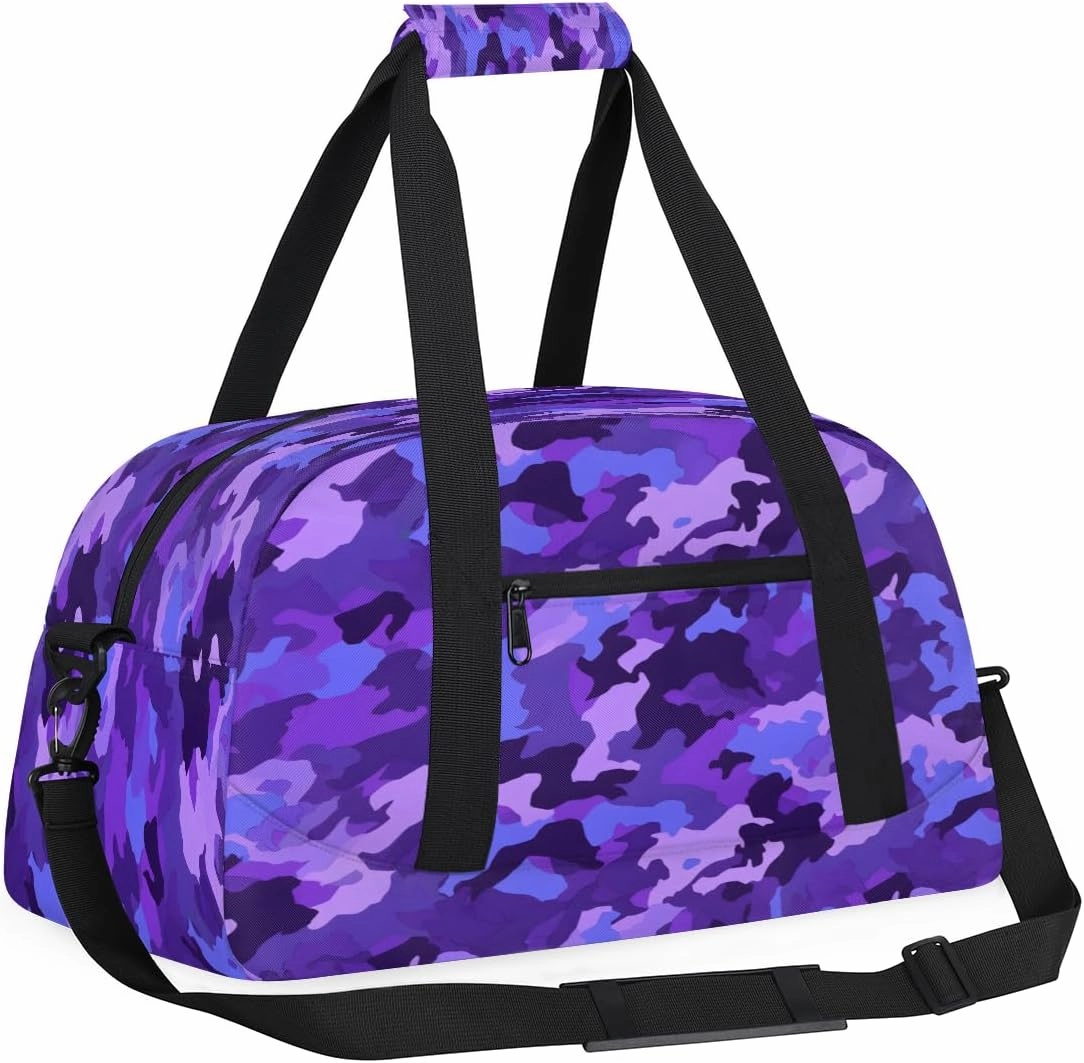 Blue Camo Kids Overnighter Duffel Bags for Boys, Carry-On Size Sports Gym Bag with Front Zipper Pocket for School Practice or Overnight Travel Weekender Sleepover Tote Bag