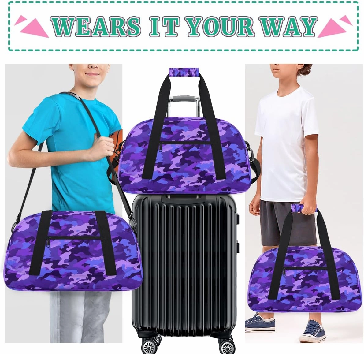 Blue Camo Kids Overnighter Duffel Bags for Boys, Carry-On Size Sports Gym Bag with Front Zipper Pocket for School Practice or Overnight Travel Weekender Sleepover Tote Bag