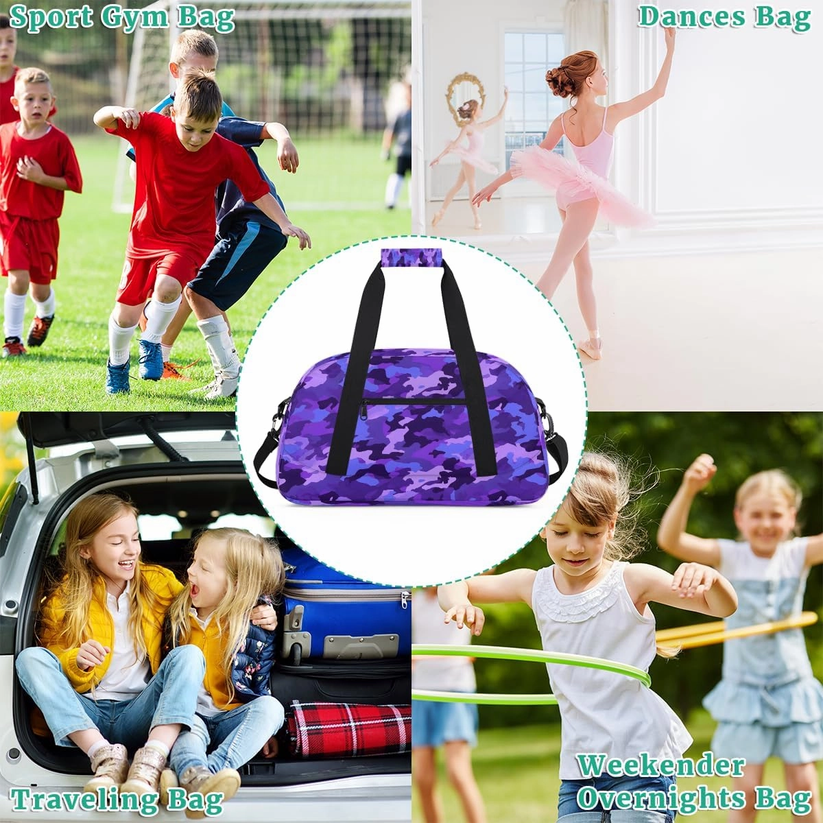 Blue Camo Kids Overnighter Duffel Bags for Boys, Carry-On Size Sports Gym Bag with Front Zipper Pocket for School Practice or Overnight Travel Weekender Sleepover Tote Bag