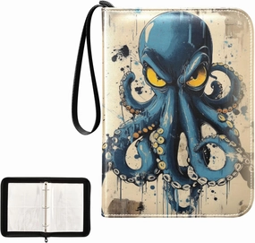 Blue Octopus Yellow Eyes Painting Card Binder 4 Pocket, Trading Card Holder Fits 400 Game Cards with 50 Removable Sleeves, MTG Card Case Standard Size