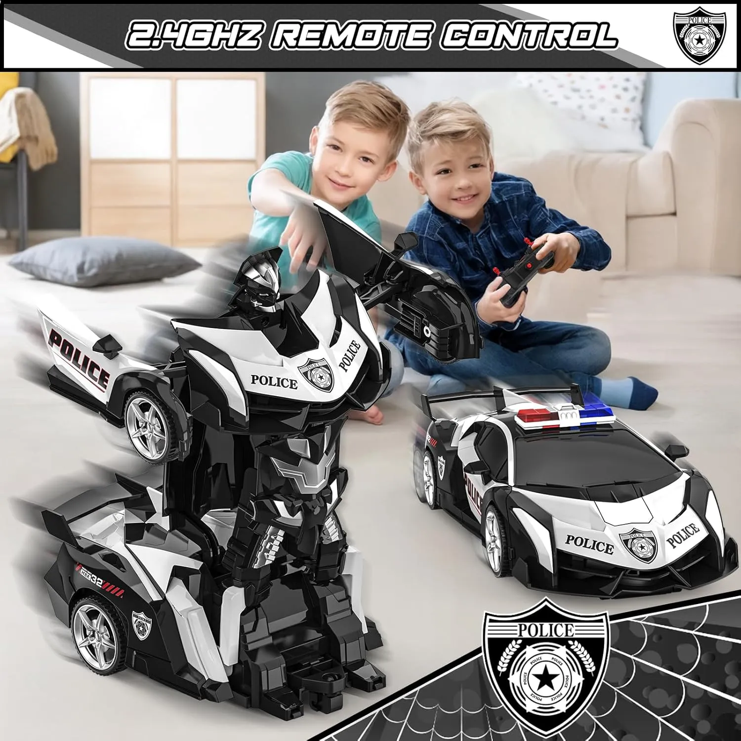 BLUEJAY Transform Rc Cars for Boys 4-7 8-12, 2.4Ghz Remote Control Car 1:18 Scale Transforming Robot, One-Button Deformation 360° Rotation Car Toy Gifts for Boys 3-5 (Police)