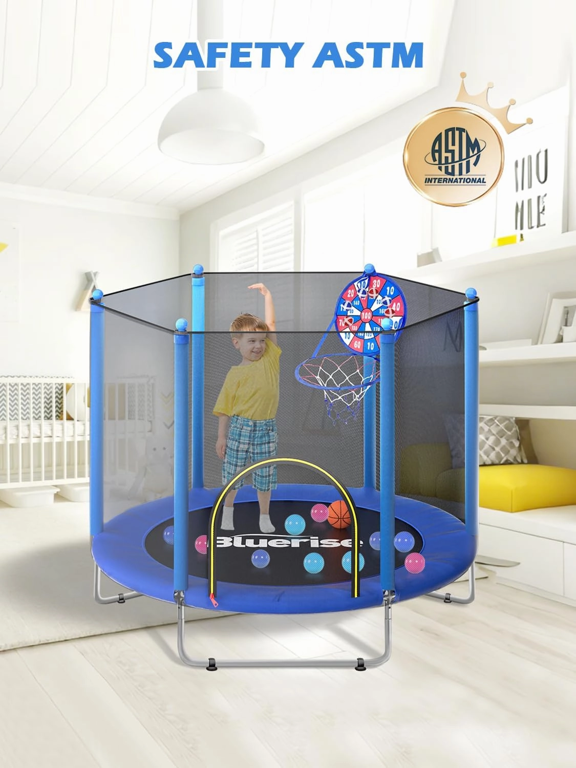 BLUERISE 60" Trampoline for Kids, 5 FT Small Toddler Indoor & Outdoor Trampoline, Basketball Hoop & Dart Board, Baby Trampoline Toys, Gifts for Boy and Girl, Baby Toddler Christmas Toys