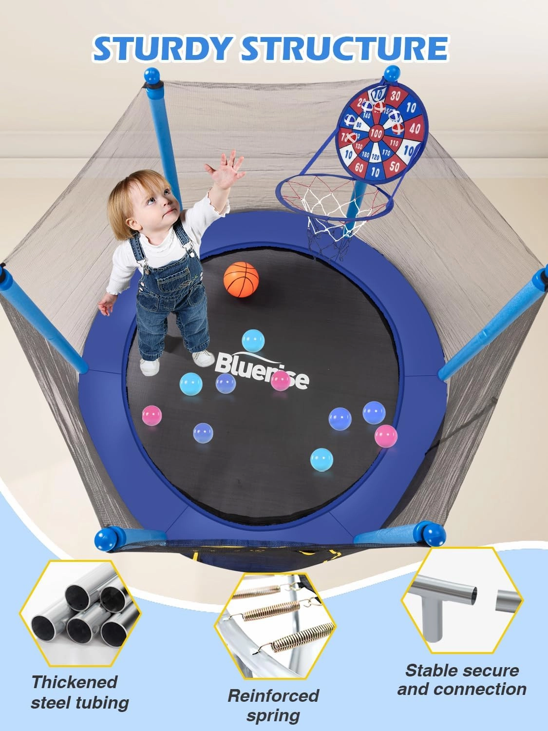 BLUERISE Trampoline 55IN 6FT Toddler Trampoline for Kids Indoor Outdoor Play for Kids Trampoline Basketball Hoop Attachment with Enclosure Net Easy to Assemble Outdoor Indoor Trampoline