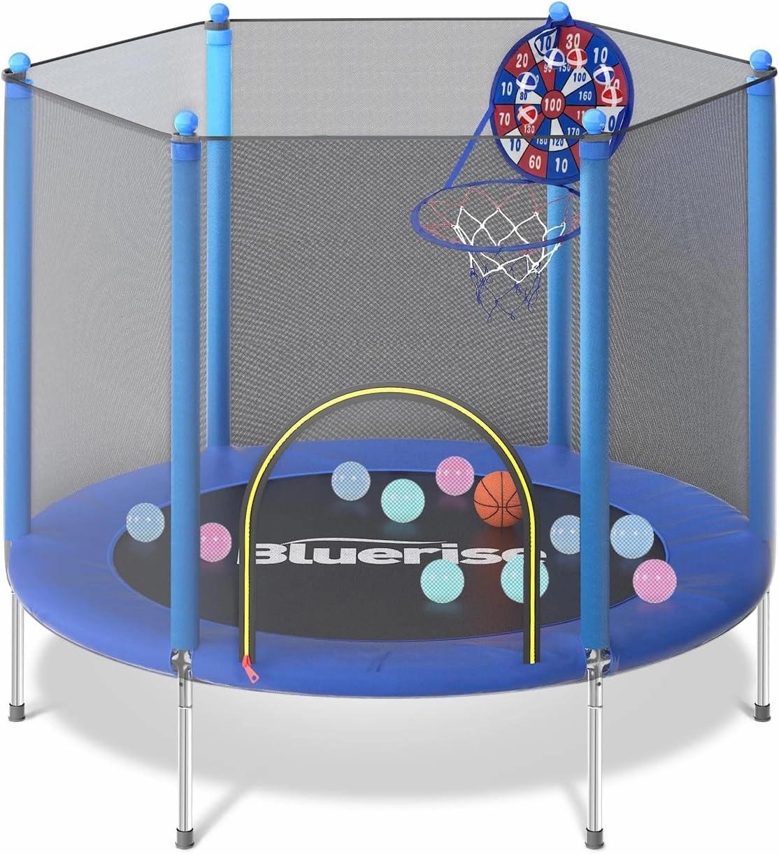BLUERISE Trampoline 55IN 6FT Toddler Trampoline for Kids Indoor Outdoor Play for Kids Trampoline Basketball Hoop Attachment with Enclosure Net Easy to Assemble Outdoor Indoor Trampoline