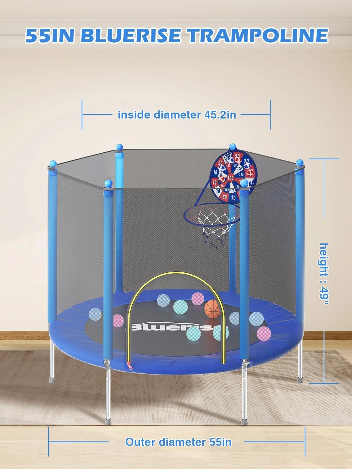 BLUERISE Trampoline 55IN 6FT Toddler Trampoline for Kids Indoor Outdoor Play for Kids Trampoline Basketball Hoop Attachment with Enclosure Net Easy to Assemble Outdoor Indoor Trampoline