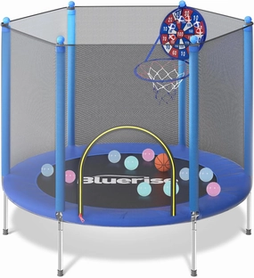 BLUERISE Trampoline 55IN 6FT Toddler Trampoline for Kids Indoor Outdoor Play for Kids Trampoline Basketball Hoop Attachment with Enclosure Net Easy to Assemble Outdoor Indoor Trampoline