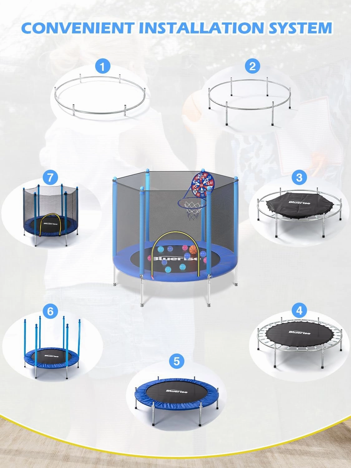 BLUERISE Trampoline 55IN 6FT Toddler Trampoline for Kids Indoor Outdoor Play for Kids Trampoline Basketball Hoop Attachment with Enclosure Net Easy to Assemble Outdoor Indoor Trampoline