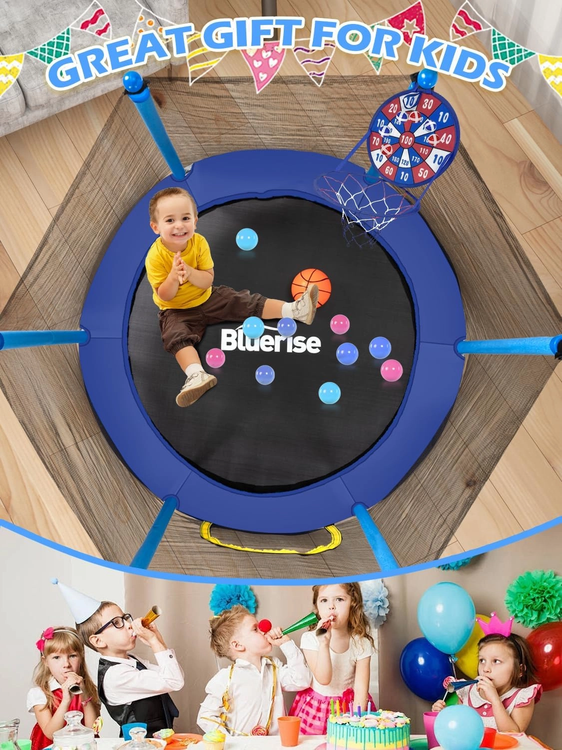 BLUERISE Trampoline 55IN 6FT Toddler Trampoline for Kids Indoor Outdoor Play for Kids Trampoline Basketball Hoop Attachment with Enclosure Net Easy to Assemble Outdoor Indoor Trampoline