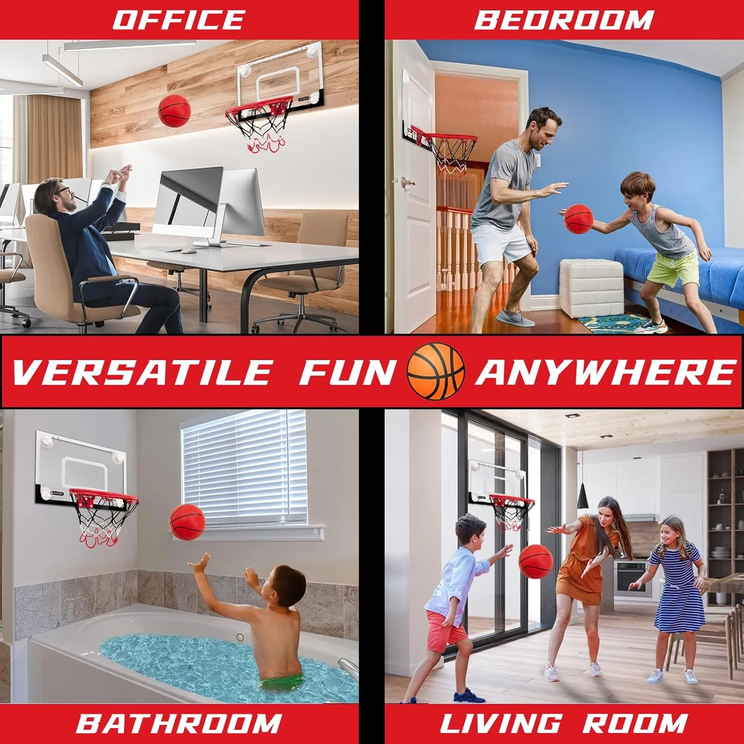 BOHEN Indoor Mini Basketball Hoops with Powerful Suction Cup, Stick to Windows, Wooden Doors, Smooth Walls - Basketball Backboard Toy Indoor Bedroom Office for Kids Teens Adults