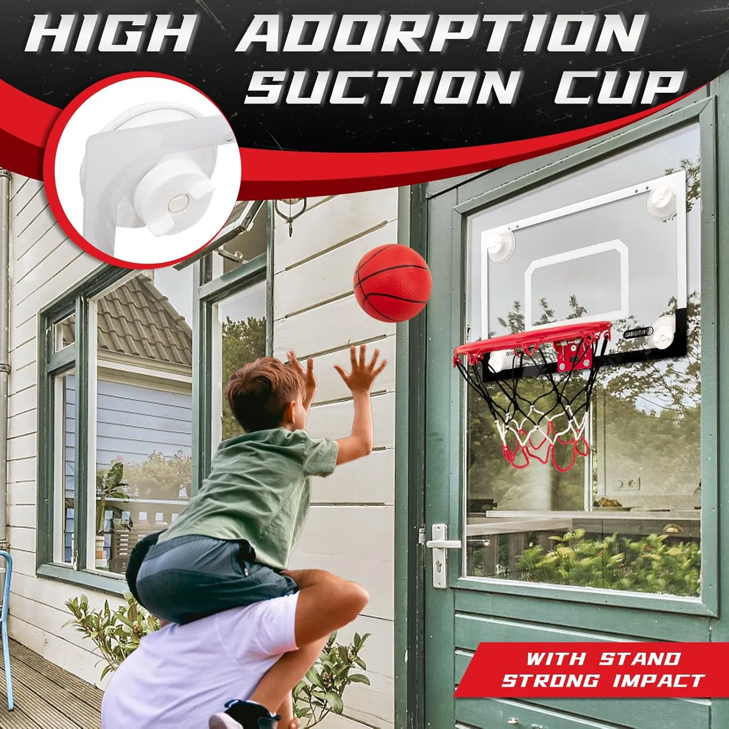 BOHEN Indoor Mini Basketball Hoops with Powerful Suction Cup, Stick to Windows, Wooden Doors, Smooth Walls - Basketball Backboard Toy Indoor Bedroom Office for Kids Teens Adults