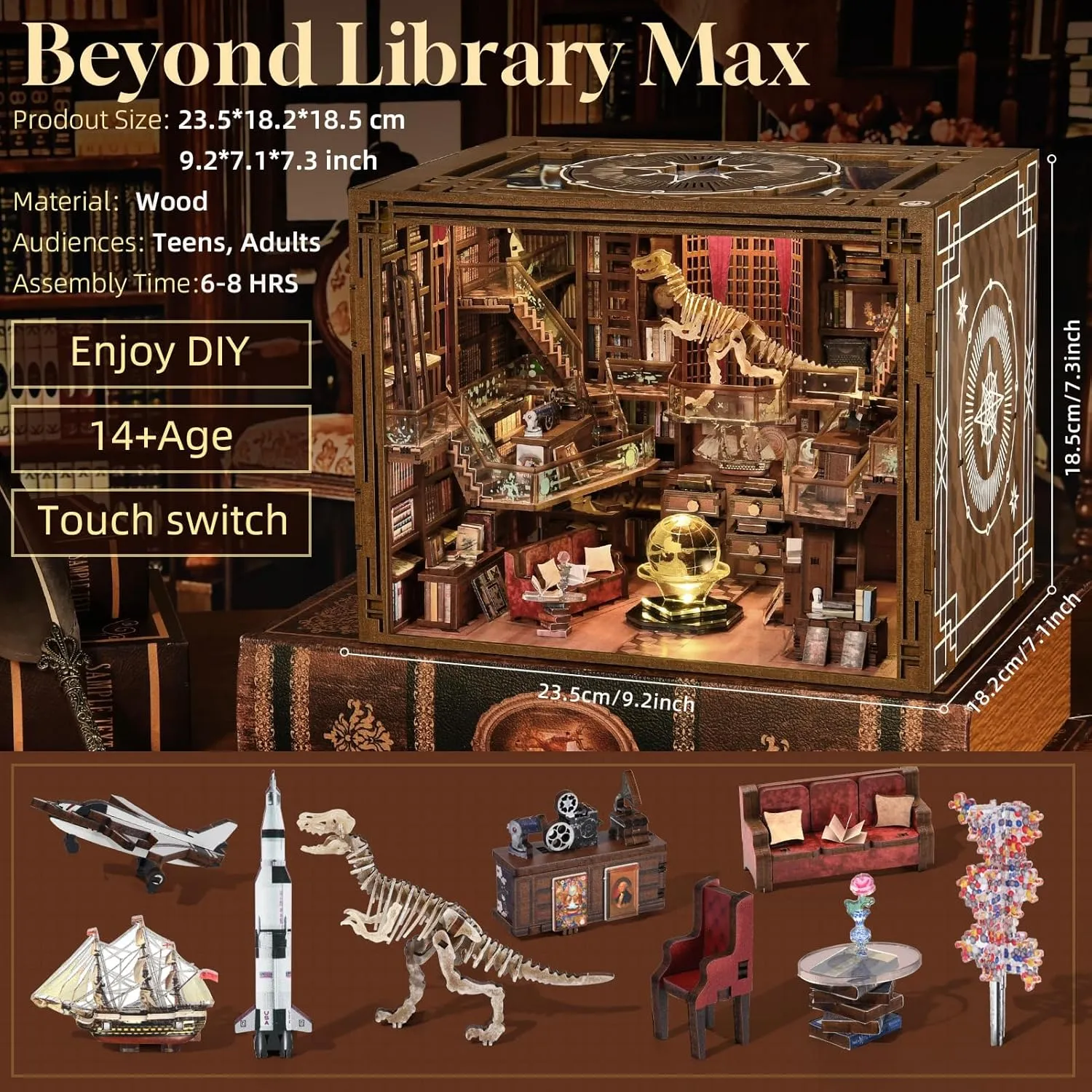 Book Nook Kits for Adults, DIY Miniature House Kit, 3D Wooden Puzzle Booknook Bookshelf Insert Decor with LED Light (Beyond Library Max)