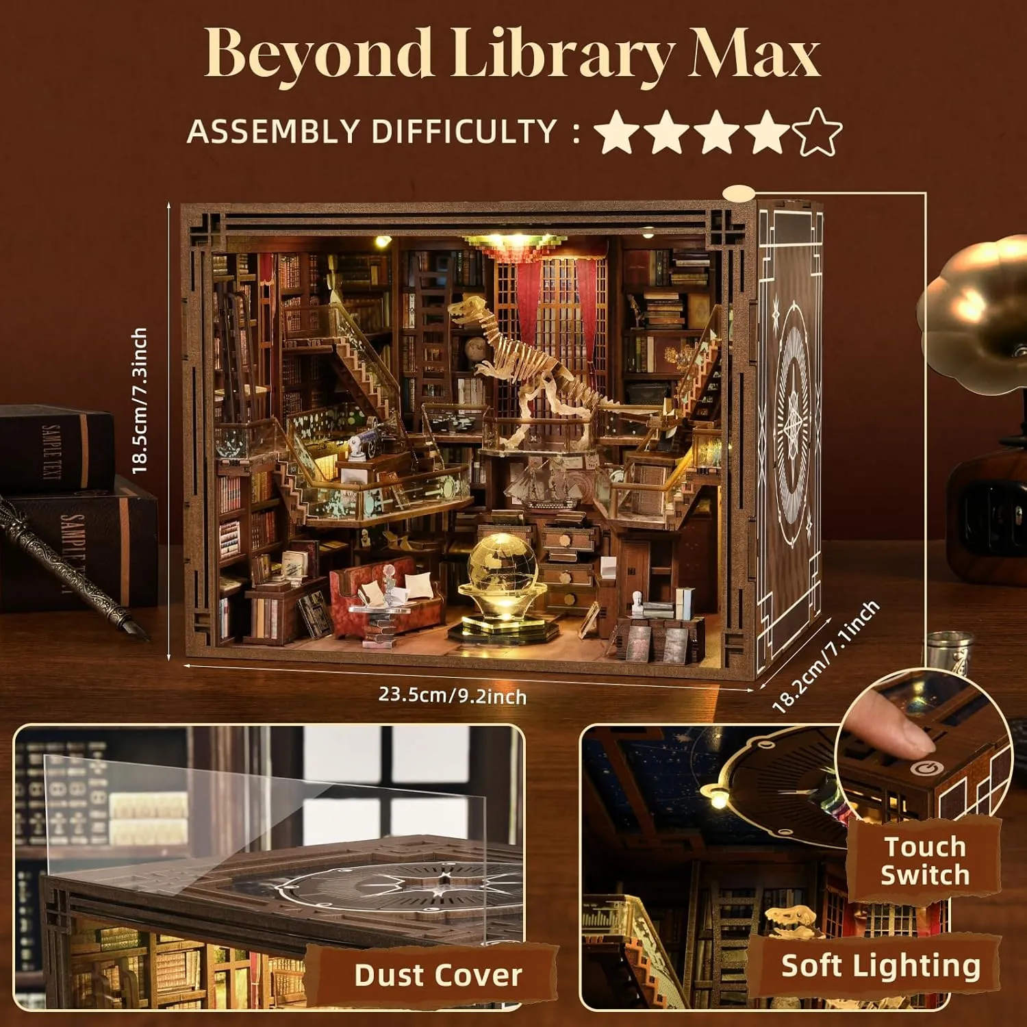 Book Nook Kits for Adults, DIY Miniature House Kit, 3D Wooden Puzzle Booknook Bookshelf Insert Decor with LED Light (Beyond Library Max)