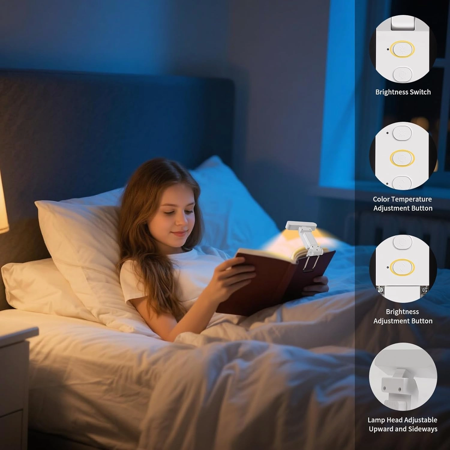 Book Light,USB Rechargeable Clip-On Reading Light,30 Adjustable Modes,Eye-Caring with Timer,Perfect for Book Lovers/Travel (White)