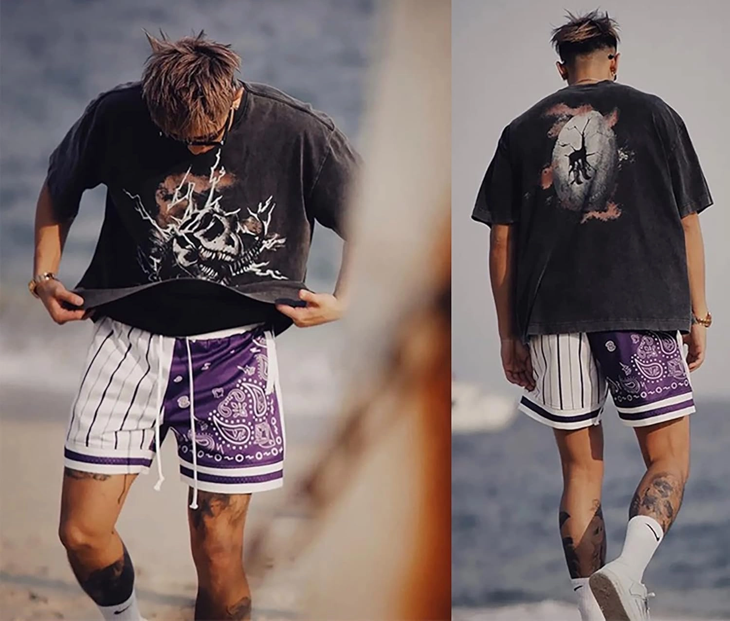 BOOMLEMON Men's Basketball Shorts Workout Athletic Paisley Shorts Mesh Print Running Short Pants