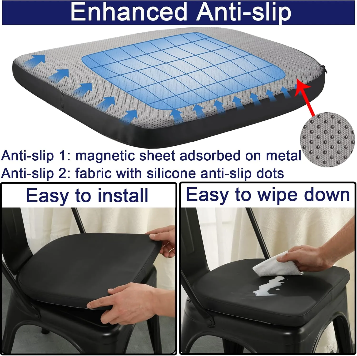BUYUE 14" Metal Chair Cushions with Magnetic Set of 4, Luxury PU Leather Waterproof Anti-Slip Seat Pads for Kitchen Cafe Dining Bistro Stackable Chairs (U-Shape, Black, 4)