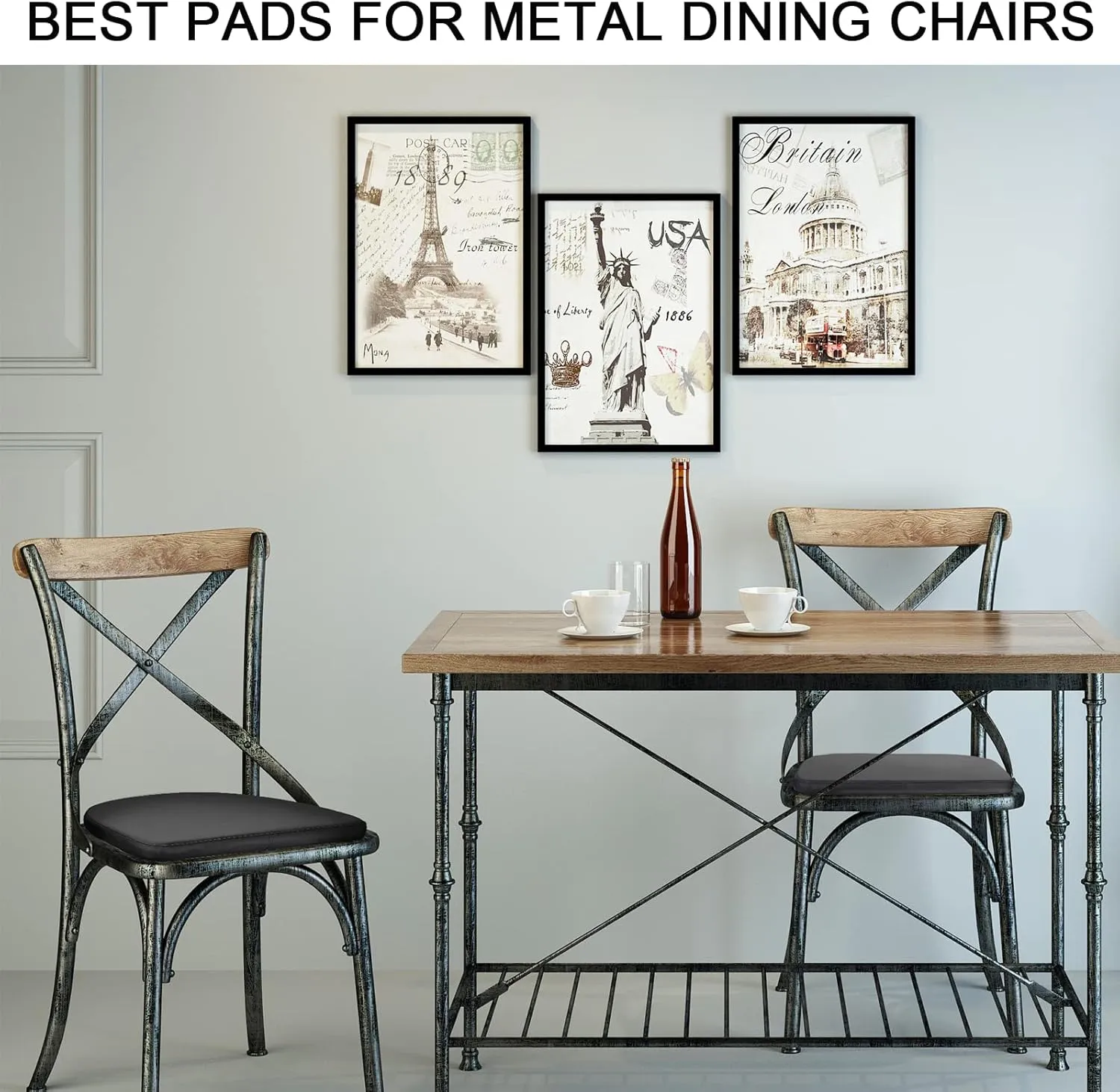 BUYUE 14" Metal Chair Cushions with Magnetic Set of 4, Luxury PU Leather Waterproof Anti-Slip Seat Pads for Kitchen Cafe Dining Bistro Stackable Chairs (U-Shape, Black, 4)