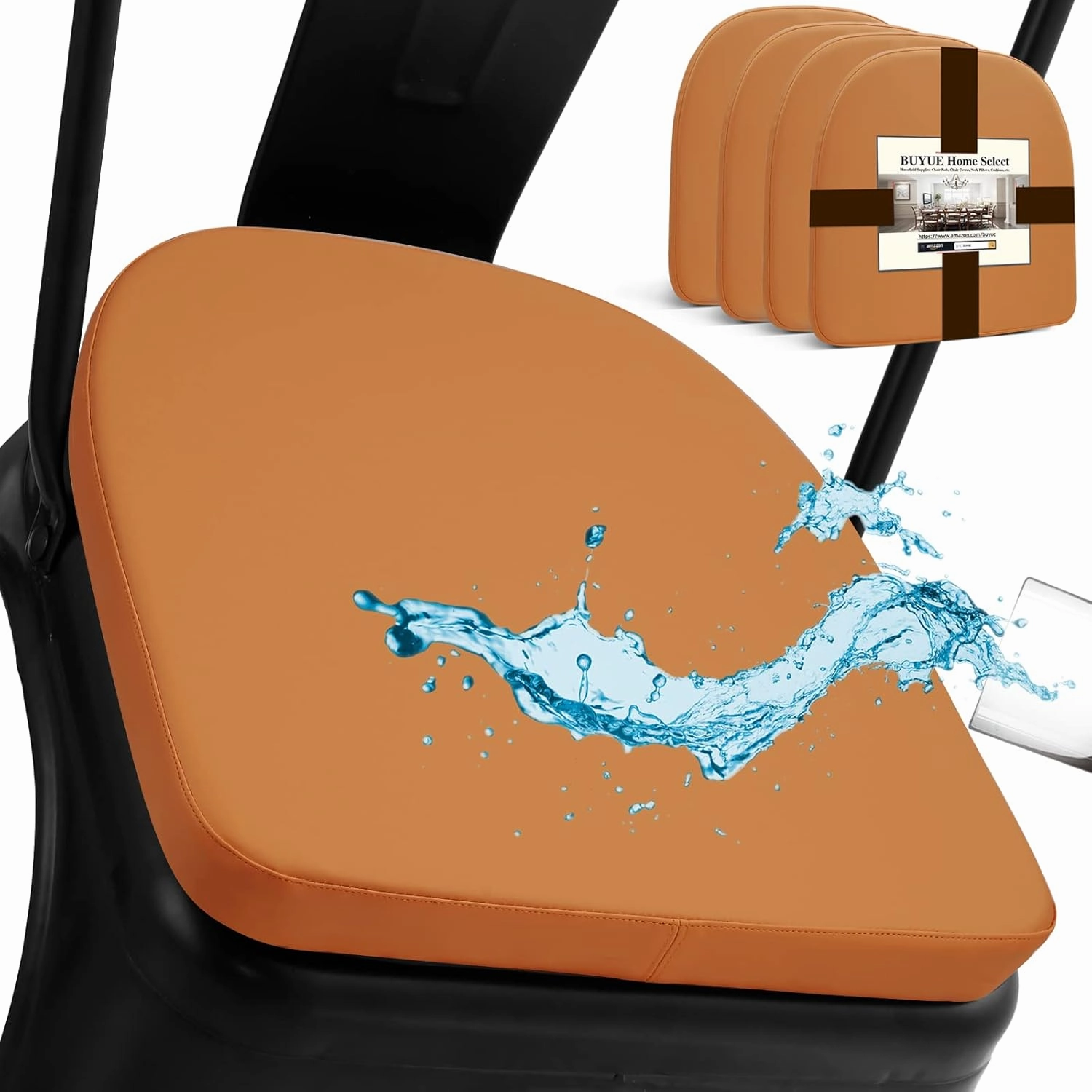 BUYUE 14" Metal Chair Cushions with Magnetic Set of 4, Luxury PU Leather Waterproof Anti-Slip Seat Pads for Kitchen Cafe Dining Bistro Stackable Chairs (U-Shape, Orange, 4)
