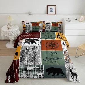Cabin Retro Rustic Lodge Comforter Set, Bear Deer Country Bedding Queen, Hunting Wild Animal Quilt Plaid Check Adventure Themed Bedding Comforter Sets For Kids Boys Teens Adult Men Bedroom Decor