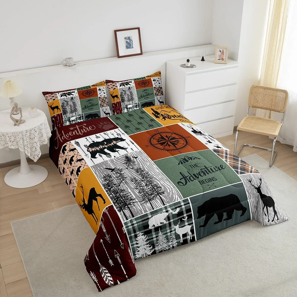 Cabin Retro Rustic Lodge Comforter Set, Bear Deer Country Bedding Queen, Hunting Wild Animal Quilt Plaid Check Adventure Themed Bedding Comforter Sets For Kids Boys Teens Adult Men Bedroom Decor