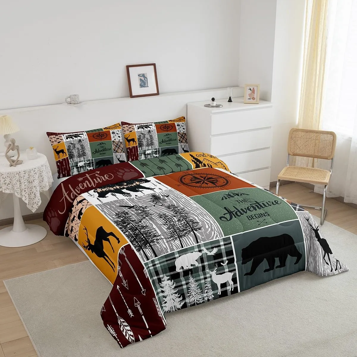 Cabin Retro Rustic Lodge Comforter Set, Bear Deer Country Bedding Queen, Hunting Wild Animal Quilt Plaid Check Adventure Themed Bedding Comforter Sets For Kids Boys Teens Adult Men Bedroom Decor
