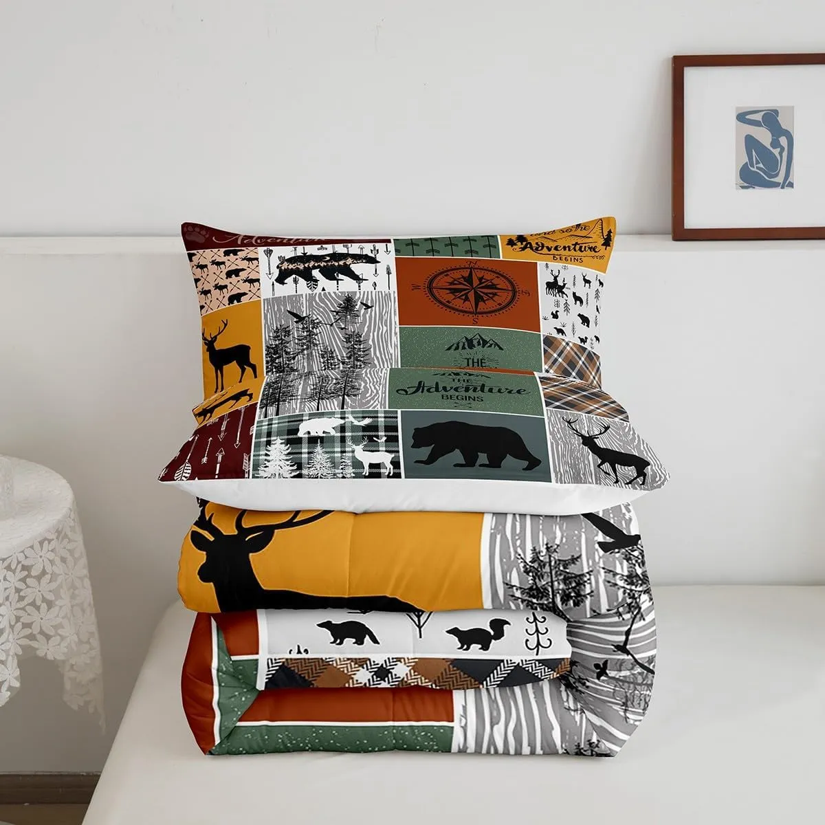 Cabin Retro Rustic Lodge Comforter Set, Bear Deer Country Bedding Queen, Hunting Wild Animal Quilt Plaid Check Adventure Themed Bedding Comforter Sets For Kids Boys Teens Adult Men Bedroom Decor