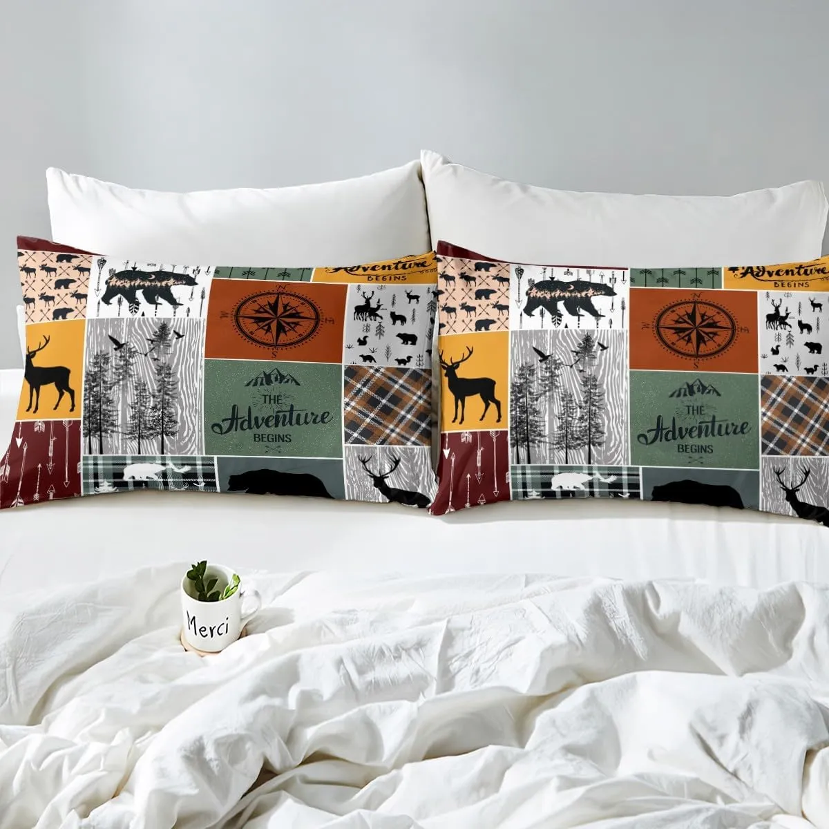 Cabin Retro Rustic Lodge Comforter Set, Bear Deer Country Bedding Queen, Hunting Wild Animal Quilt Plaid Check Adventure Themed Bedding Comforter Sets For Kids Boys Teens Adult Men Bedroom Decor