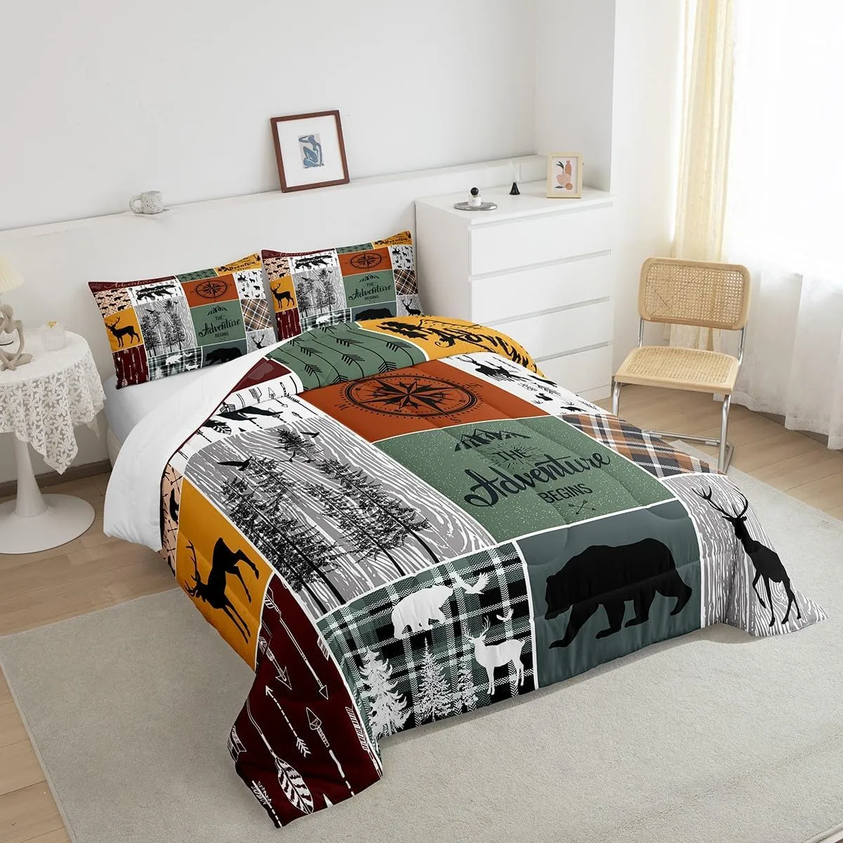 Cabin Retro Rustic Lodge Comforter Set, Bear Deer Country Bedding Queen, Hunting Wild Animal Quilt Plaid Check Adventure Themed Bedding Comforter Sets For Kids Boys Teens Adult Men Bedroom Decor
