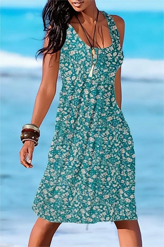 Camisunny Women Casual Loose Tank Dresses Sleeveless Beach Vacation Dress Swing Pleated U Neck Fashion Soft