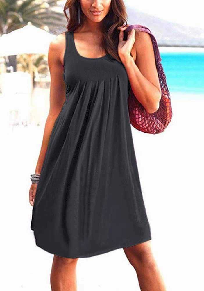 Camisunny Women Casual Loose Tank Dresses Sleeveless Beach Vacation Dress Swing Pleated U Neck Fashion Soft