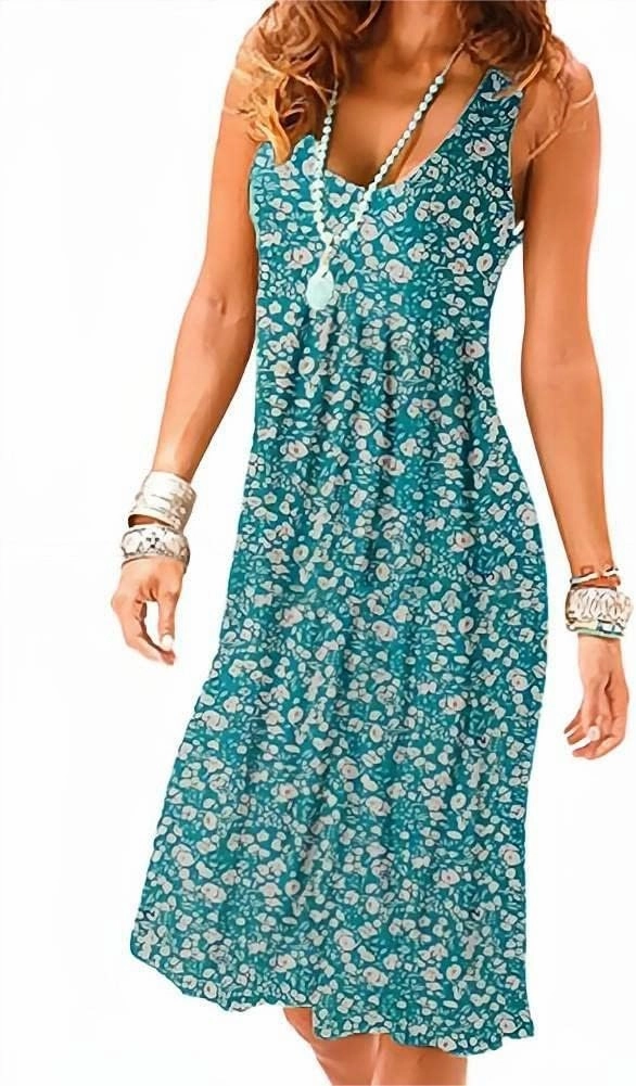 Camisunny Women Casual Loose Tank Dresses Sleeveless Beach Vacation Dress Swing Pleated U Neck Fashion Soft