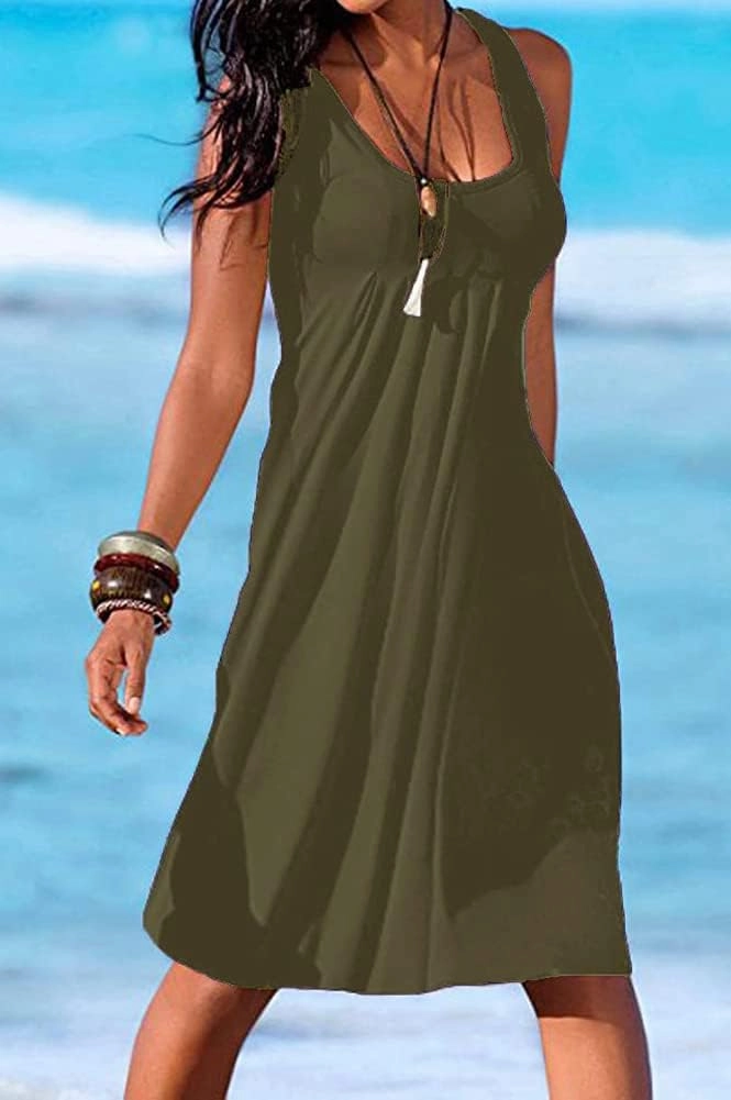 Camisunny Women Casual Loose Tank Dresses Sleeveless Beach Vacation Dress Swing Pleated U Neck Fashion Soft
